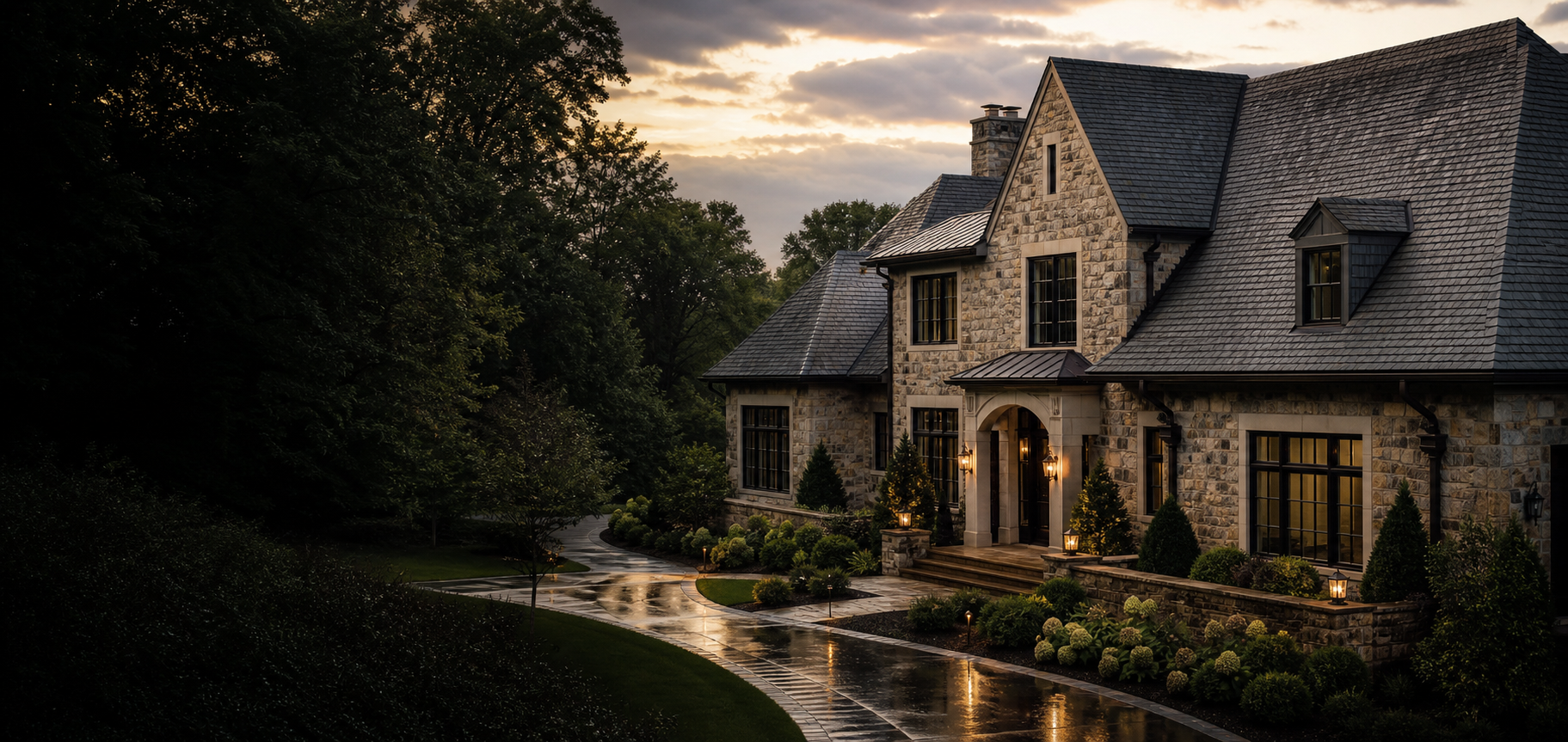 Architectural roof on a significant stone residence
