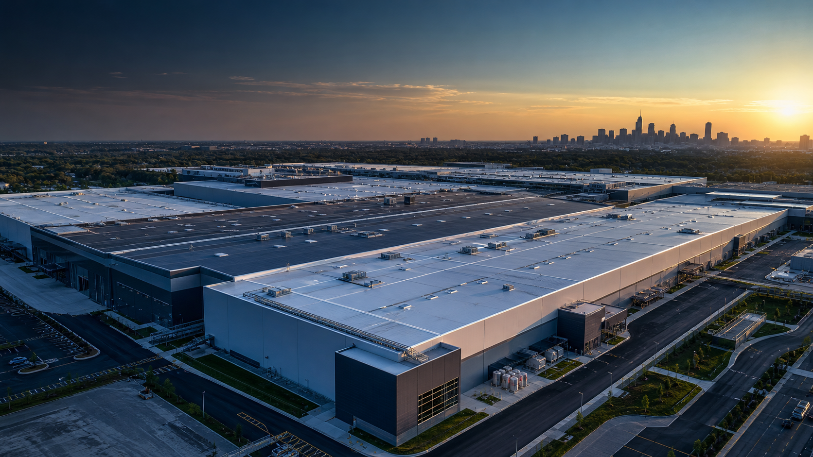 Aerial view of a large advanced manufacturing campus and its commercial roof systems