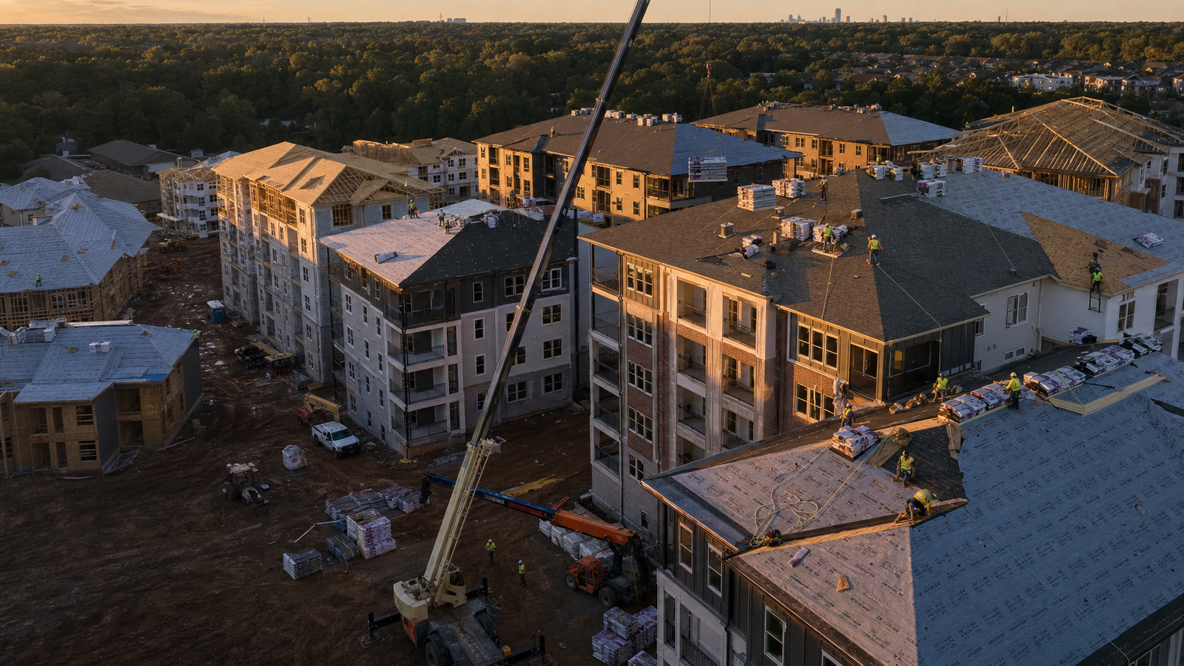 Large apartment development with roofing crews, shingle pallets, and crane logistics