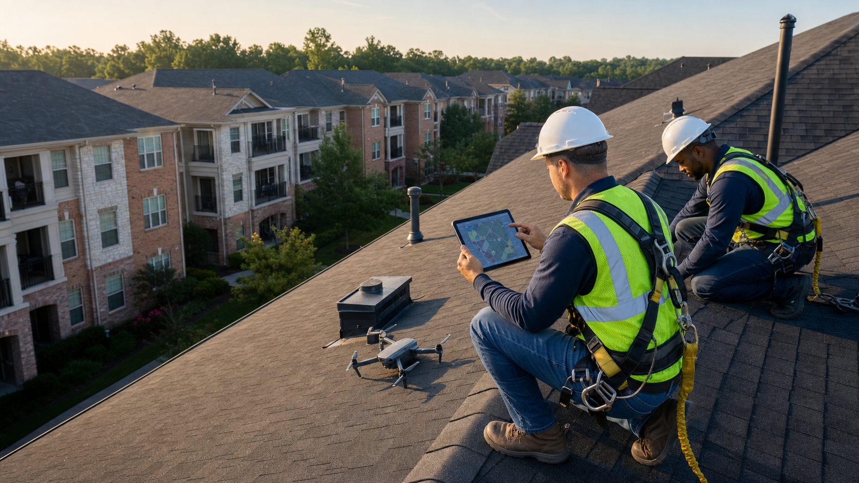 Roofing professionals using a tablet during a multifamily roof inspection